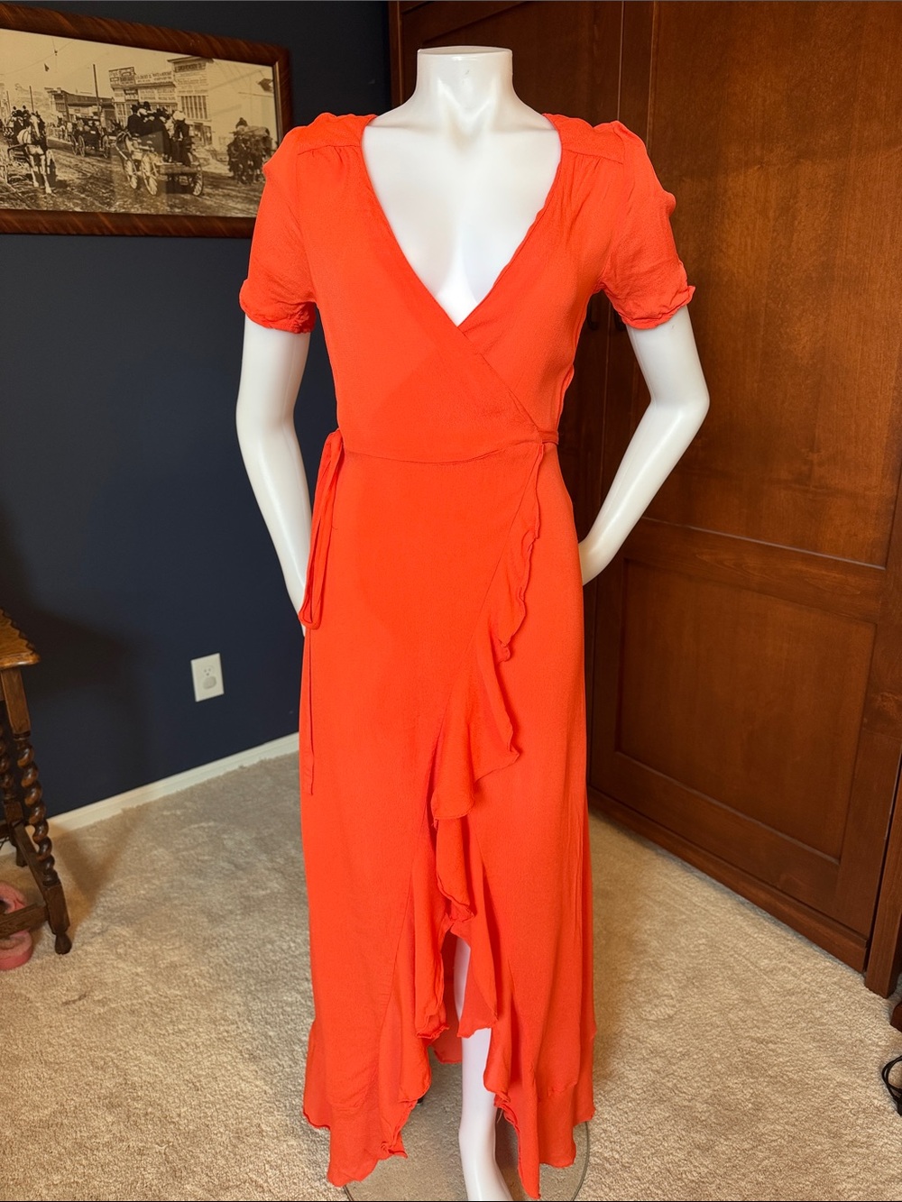 Women's ASOS Orange Wrap Midi Dress with Ruffle Detail